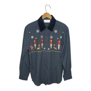 Vintage Nutcracker Embroidered Christmas Plaid Button Up Blouse Velvet Collar